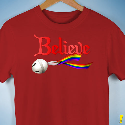Believe Progress Pride LGBTQ Jingle Bell Premium Unisex T-Shirt - Red